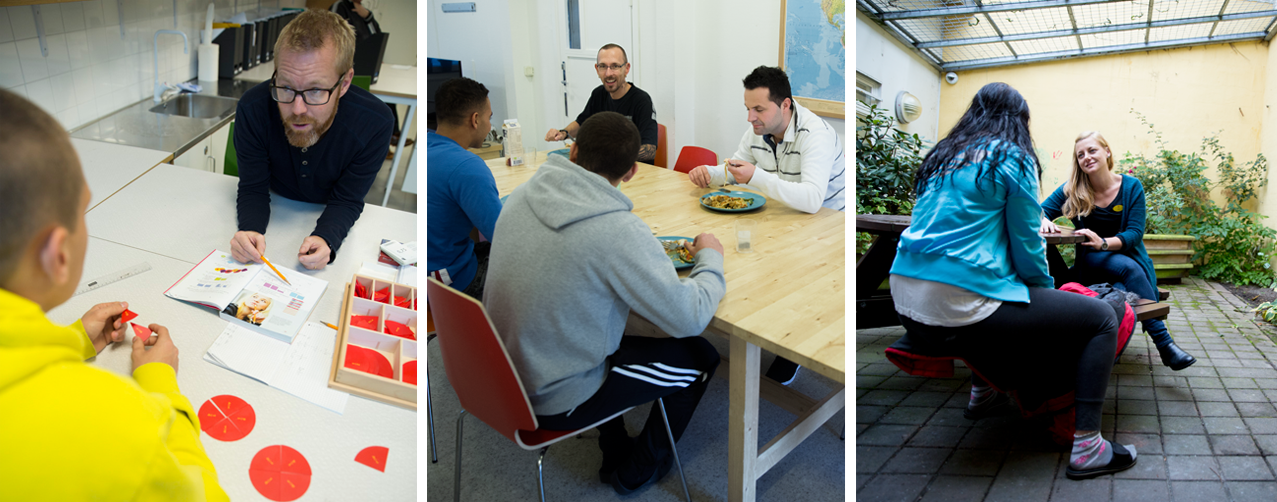 Tre bilder som visar behandlingsassistenter i gruppsamtal, pojke som kramar behandlingsassistent och personer som samtalar i trädgård