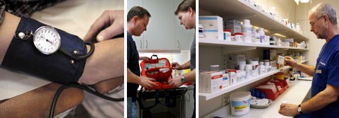 Bildcollage - blodtrycksmätning, sjuksköterskor som packar akutväska, sjuksköterska vid medicinförråd