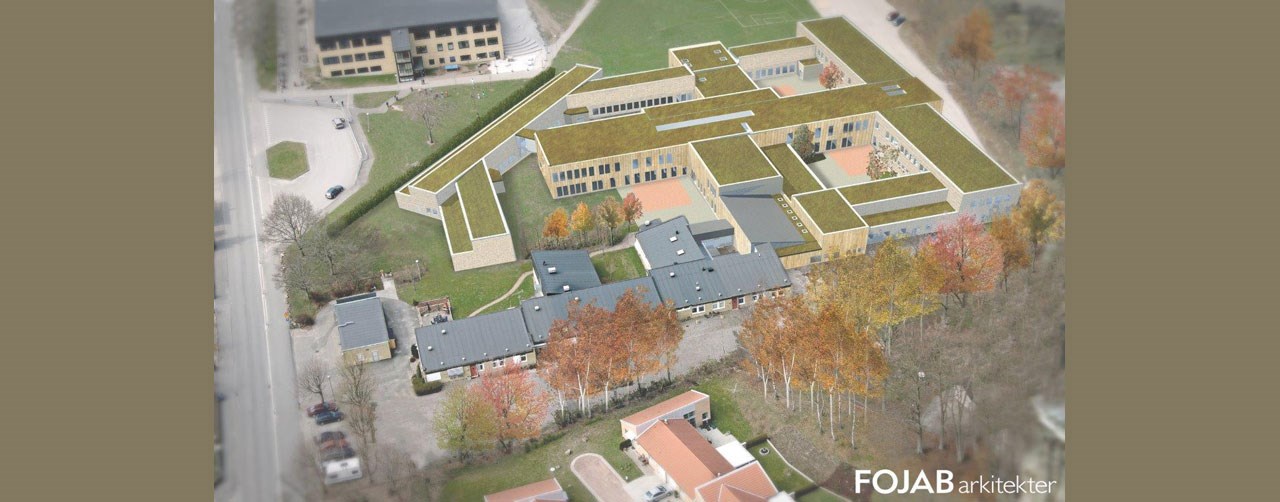 Flygbild SiS ungdomshem Hässleholm med inritad skiss över nybyggnad