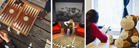 Collage - spelbräde, gitarrspel, mjukisdjur