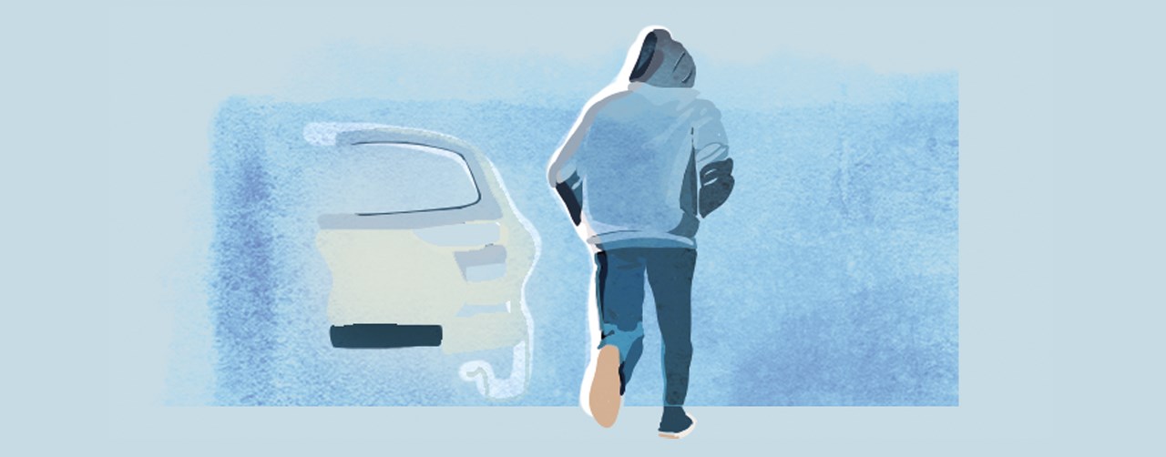 Bilden visar en illustration av en person med turkos hoodie som man ser bakifrån.