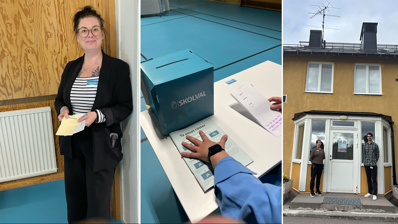 Från vänster: Caroline Selberg, lärare på Brättegårdens skola, en valurna på Brättegårdens skola samt Nikola Lundberg tillsammans med en specialpedagog på Eknäs skola.